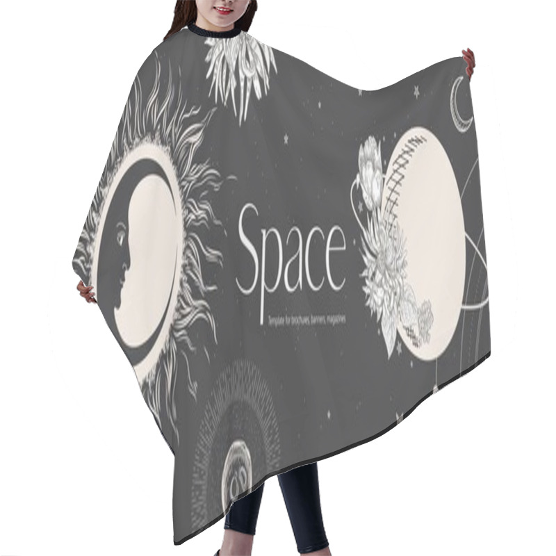 Personality  Space Background. Sun Face, Crescent Moon, Planets And Flowers. Hair Cutting Cape