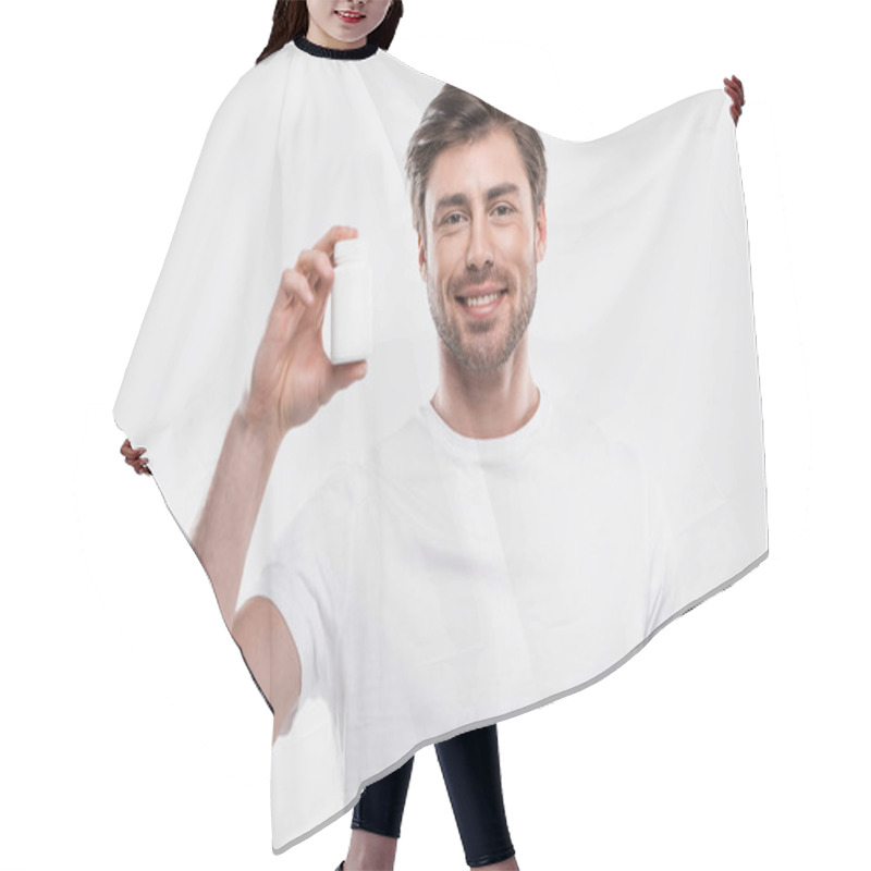 Personality  Man Presenting Vitamins In Bottle Hair Cutting Cape