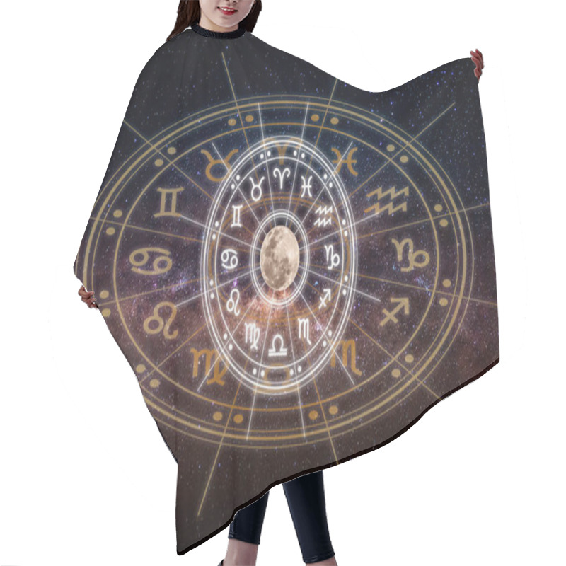 Personality  Astrological Zodiac Signs Inside Of Horoscope Circle. Astrology, Knowledge Of Stars In The Sky Over The Milky Way And Moon. The Power Of The Universe Concept. Hair Cutting Cape