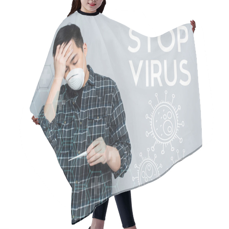 Personality  Young Asian Man In Respirator Mask Looking At Thermometer And Touching Forehead On Grey Background, Stop Virus Illustration Hair Cutting Cape