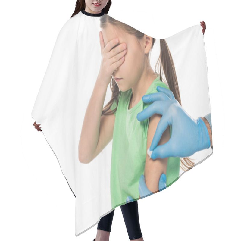 Personality  Side View Of Pediatrician With Cotton Wool Rubbing Shoulder Of Scared Kid Isolated On White Hair Cutting Cape