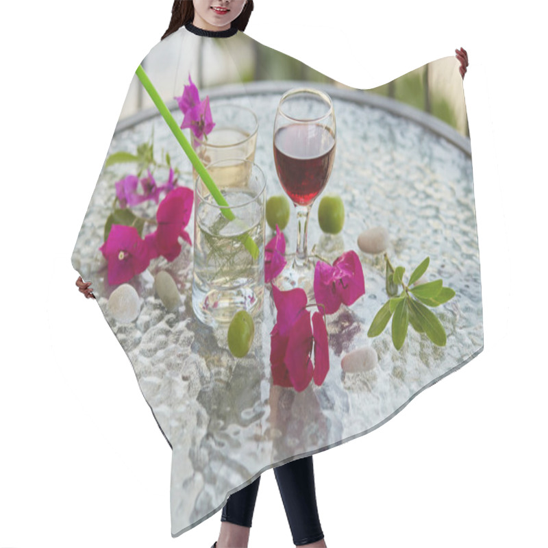 Personality  Summer Bright Cocktails And Glass Of Red Wine And Pink Flowers Of Bougainvillea Decorations With Pebbles. Summer Wallpaper Close Up. Hair Cutting Cape