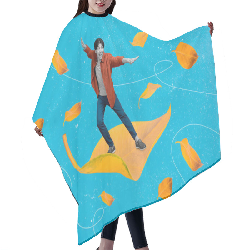 Personality  Exclusive Minimal Magazine Sketch Collage Of Happy Funky Funny Small Man Surf Flying Autumn Fall Leaf Windy Weather Enjoy Season Have Fun. Hair Cutting Cape