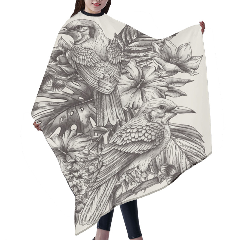 Personality  Vintage Monochrome Tropical Fantasy Bird, Leaves And Flowers, Classic Invitation Natural Card Hair Cutting Cape