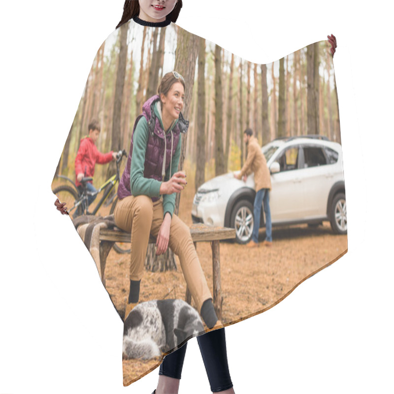 Personality  Smiling Woman With Hot Drink In Forest Hair Cutting Cape