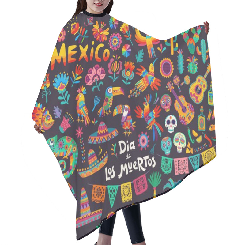 Personality  Mexican Cartoon Symbols Of Vector Dia De Los Muertos Or Day Of Dead Holiday Background. Mexico Halloween Sugar Skulls, Fiesta Party Sombrero Hats And Guitar, Marigold Flowers, Altar And Cactuses Hair Cutting Cape