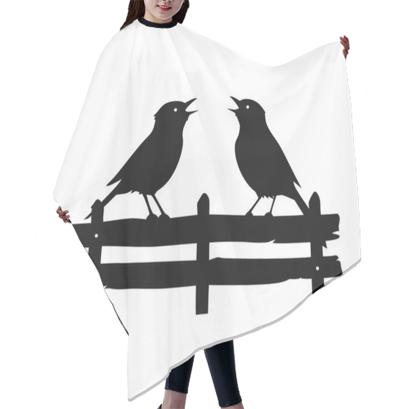 Personality  Two Silhouetted Birds Perched On A Wooden Fence, Singing Harmoniously Against A White Background. Hair Cutting Cape