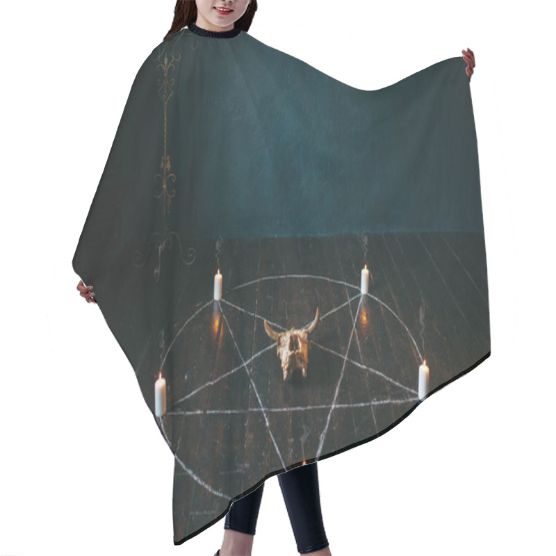 Personality  Pentagram Circle With Candles On Black Wooden Floor. Dark Magic Ritual With Occult And Esoteric Symbols Hair Cutting Cape