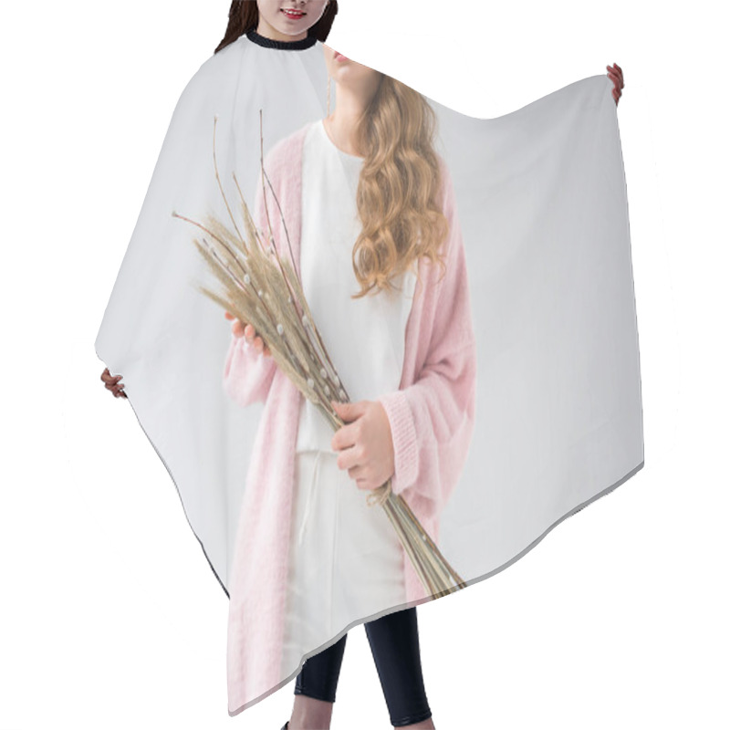 Personality  Cropped Image Of Stylish Woman Holding Bunch Of Willow Tree Branches And Spikelets Isolated On White Hair Cutting Cape