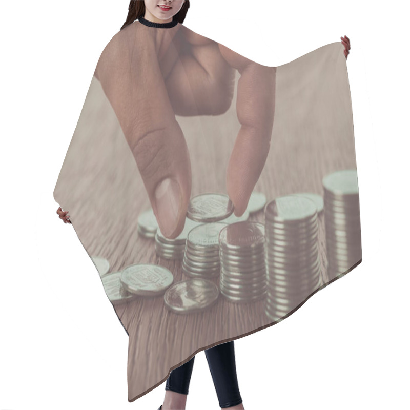 Personality  Cropped Image Of Man Stacking Coins On Wooden Surface, Saving Concept Hair Cutting Cape