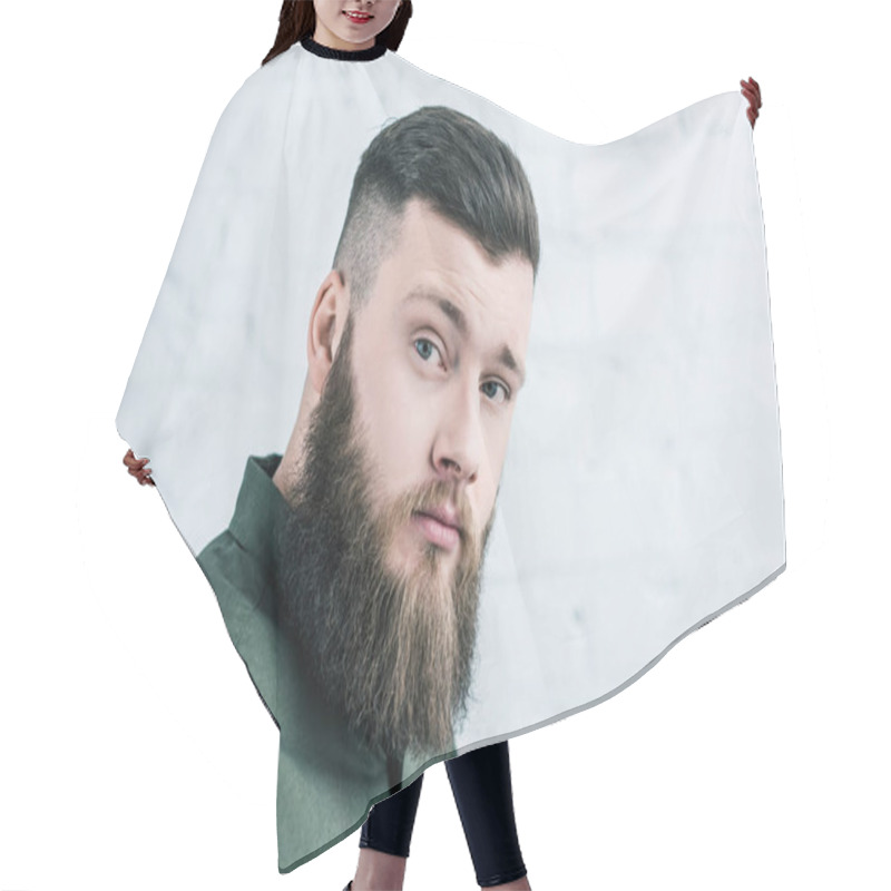 Personality  Portrait Of Handsome Bearded Man In Shirt Against White Brick Wall Hair Cutting Cape