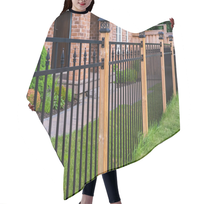 Personality  Wrought Iron Fence. Metal Black Fence Around House With Green Lawn. Street Photo, Nobody Hair Cutting Cape