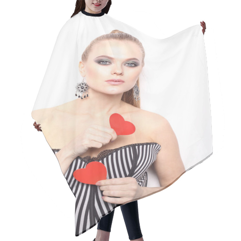 Personality  Funny Joyful Girl With Valentine Hearts Hair Cutting Cape