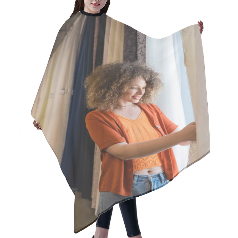 Personality  Pretty Young Woman Making Choice From Variety Of Curtains In Textile Shop Hair Cutting Cape