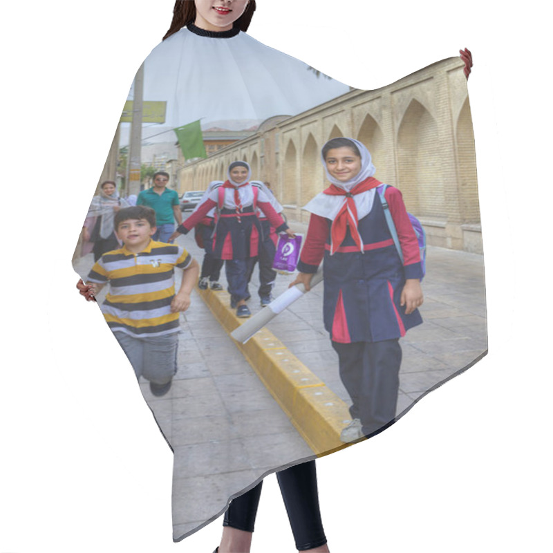 Personality  Iranian Schoolgirl In Uniform Goes Home After School. Hair Cutting Cape