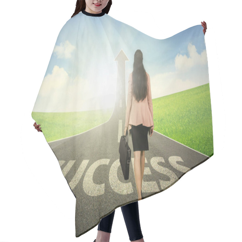 Personality  Rear View Of Female Entrepreneur Carrying A Suitcase While Walking Over Success Word Toward Upward Arrow Hair Cutting Cape