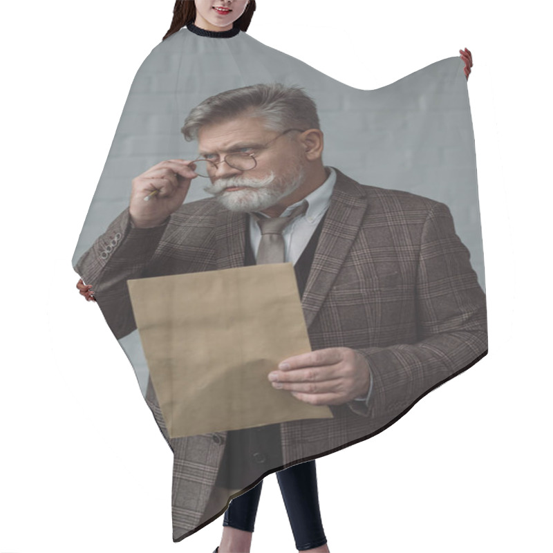 Personality  Senior Writer In Tweed Suit And Eyeglasses With Letter Near Workplace Hair Cutting Cape