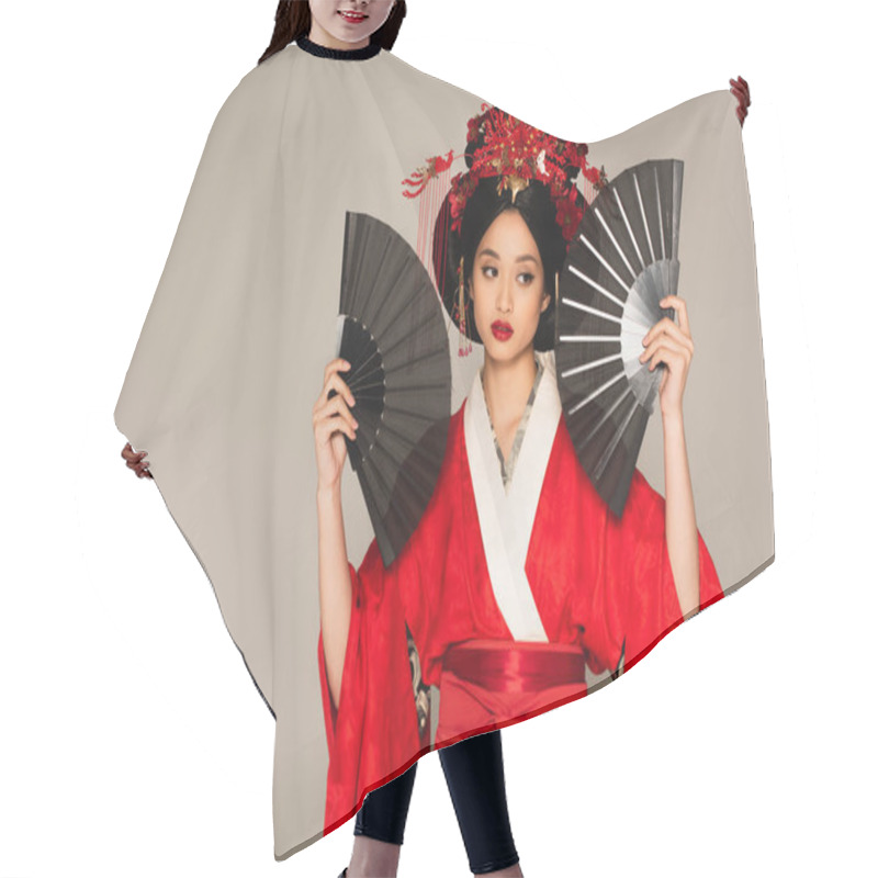 Personality  Japanise Woman In Kimono Posing With Fans Isolated On Grey  Hair Cutting Cape