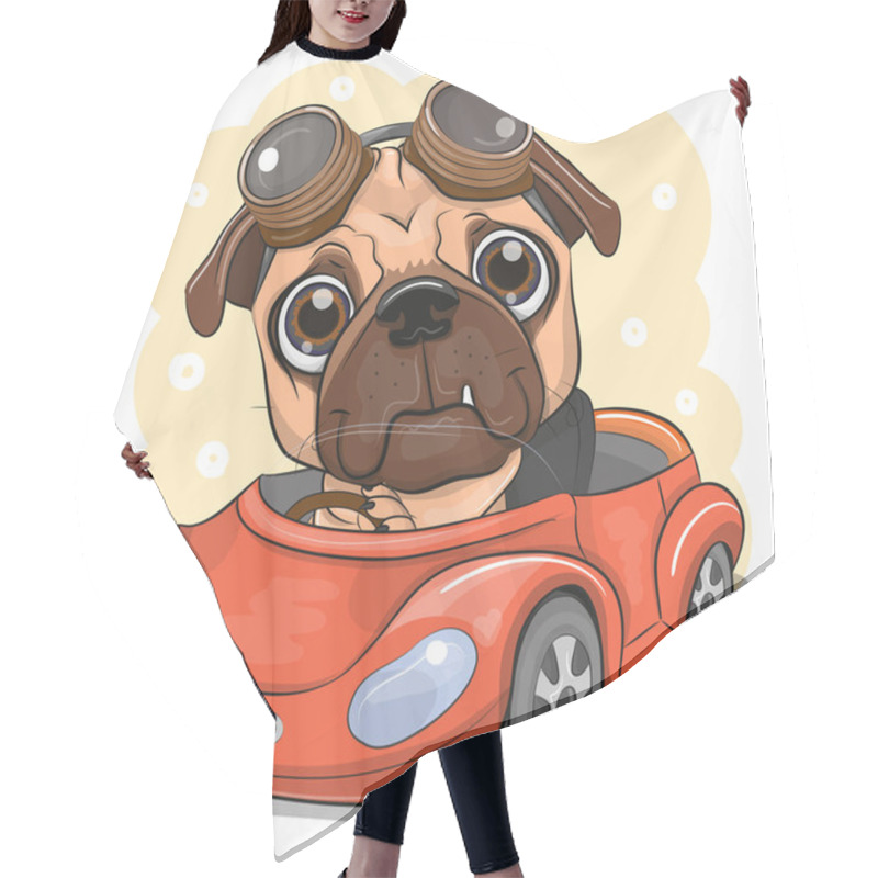 Personality  Cartoon Pug Dog Boy In Glasses Goes On A Red Car Hair Cutting Cape