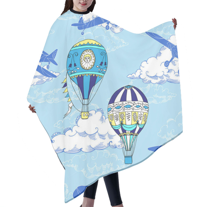 Personality  Seamless Pattern With Clouds, Hot Air Balloons And Airplanes Hair Cutting Cape