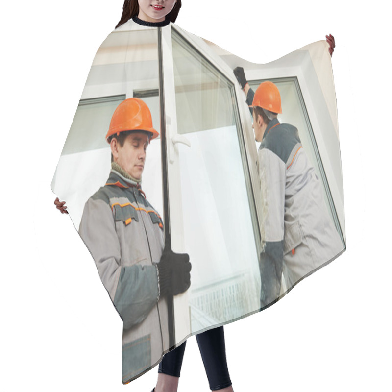 Personality  Two Workers Installing Window Hair Cutting Cape