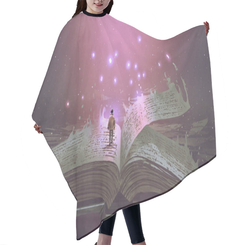 Personality  Boy Standing On The Opened Giant Book With Fantasy Light, Digital Art Style, Illustration Painting Hair Cutting Cape