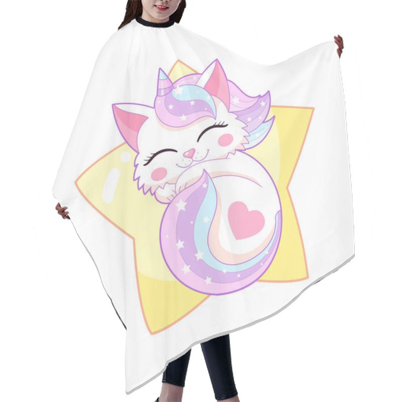 Personality  Cute Unicorn Kitten With Rainbow Mane Sleeps On A Star. Kawaii Style Drawing. Isolated On White Background. For Childrens Design Of Prints, Posters, Cards, T-shirts, Cups, Etc. Vector Illustration Hair Cutting Cape