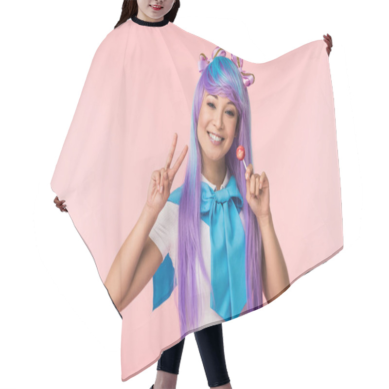 Personality  Happy Asian Anime Girl Holding Lollipop And Showing Peace Sign Isolated On Pink Hair Cutting Cape