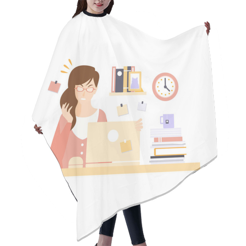 Personality  Angry Woman Office Worker In Office Cubicle Having Her Daily Routine Situation Cartoon Character Hair Cutting Cape