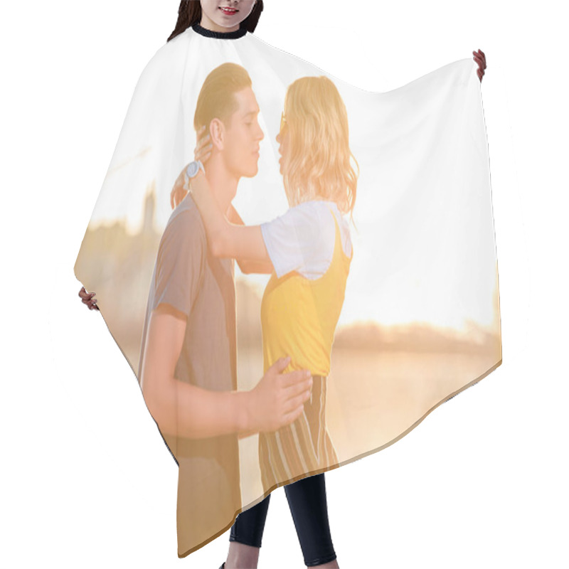 Personality  Side View Of Young Couple Going To Kiss On River Beach In Evening Hair Cutting Cape