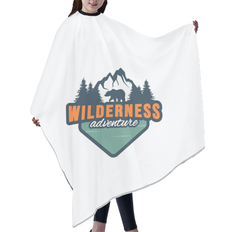 Personality  Vector Illustration Of Walking Bear, Mountain, Forest, And Lake Good For Outdoor Badge, Label, Sticker, Logo Design Hair Cutting Cape