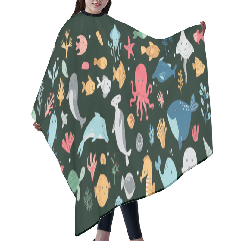 Personality  Collection Of Marine Life Elements - Whales, Dolphins, And Sea Creatures On Dark Background. Kids Sea Animals Big Bundle. Hair Cutting Cape