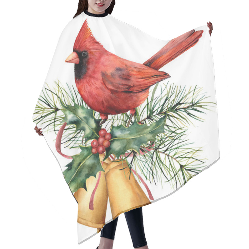 Personality  Watercolor Christmas Card With Red Cardinal And Winter Design. Hand Painted Bird With Bells, Holly, Red Bow, Berries, Fir Branch Isolated On White Background. Holiday Symbol For Design, Print. Hair Cutting Cape