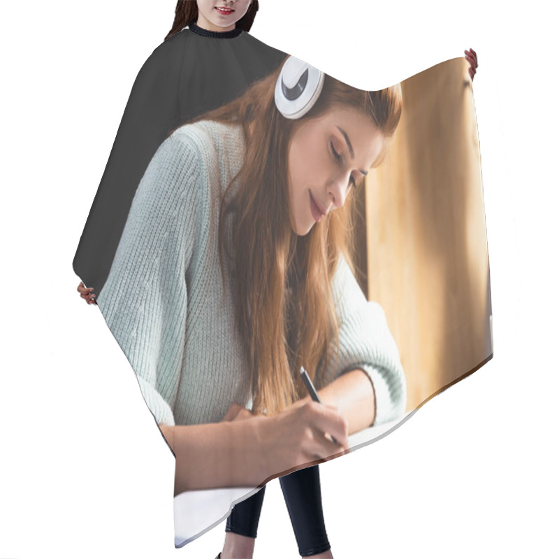 Personality  Woman In Headphones Writing And Studying Online With Laptop In Cafe Hair Cutting Cape