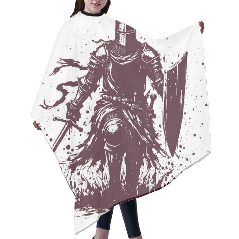 Personality  A Knight In Armor Goes Into Battle Holding A Sword And Shield At The Ready Abstract Vector Stencil Drawing Hair Cutting Cape