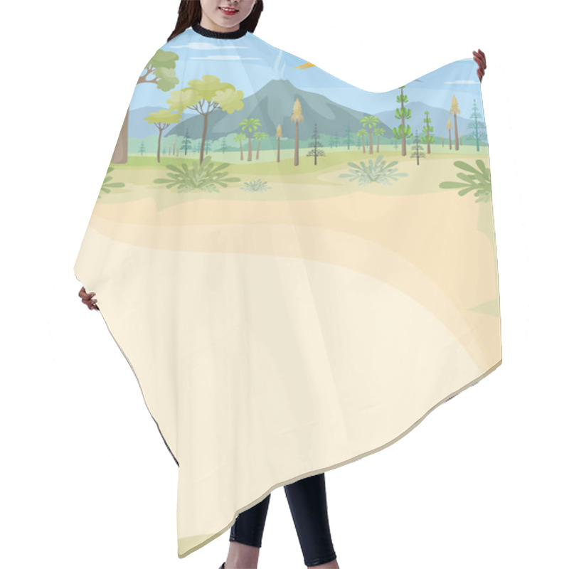 Personality  Vertical Vector Background With The Image Of A Prehistoric Landscape And Pterosaur. Colorful Illustration In Cartoon Style. Hair Cutting Cape