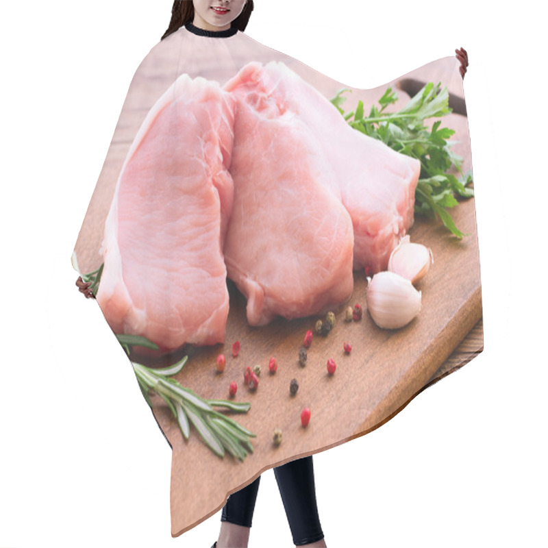 Personality  Raw Pork Meat On Wooden Desk Hair Cutting Cape