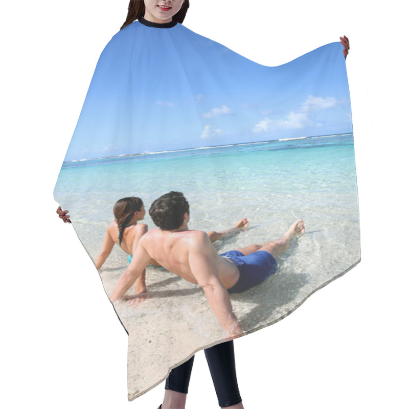 Personality  Couple Relaxing In Carribean Sea Water Hair Cutting Cape