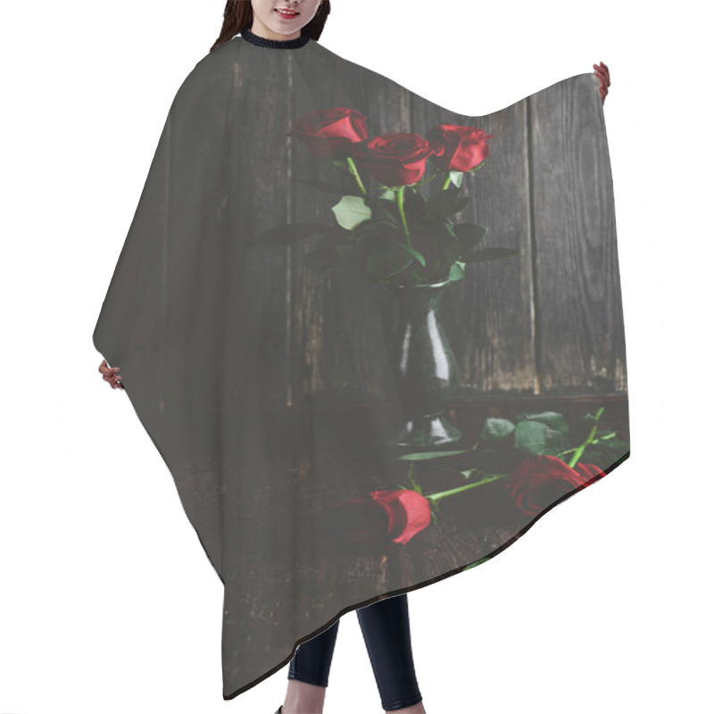 Personality  Red Rose Flowers In Vase On Shabby Wooden Background, Valentines Day Concept Hair Cutting Cape