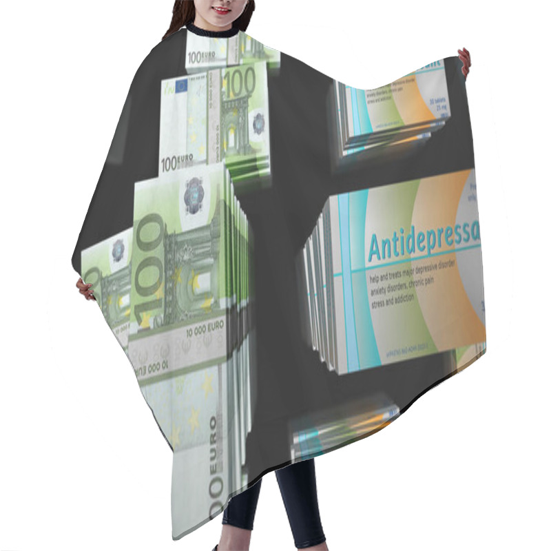 Personality  Antidepressant Tablets Box And Euro Money Bundle Stacks. Psychotropic Drug For Stress Anxiety And Depression Pills Pack Production. Abstract Concept 3d Illustration. Hair Cutting Cape