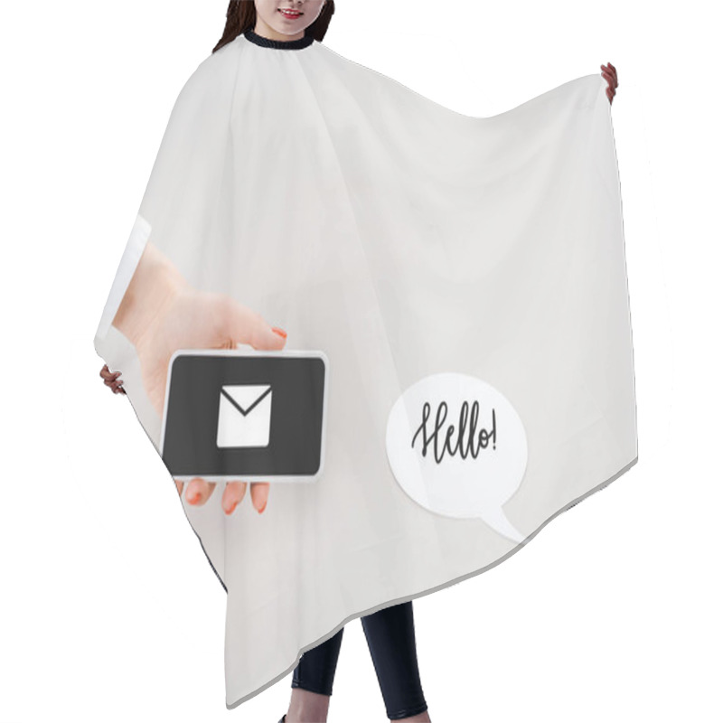 Personality  Cropped View Of Woman Holding Smartphone With Mail Sign Near Paper Cut Speech Bubble With Hello Lettering Hair Cutting Cape