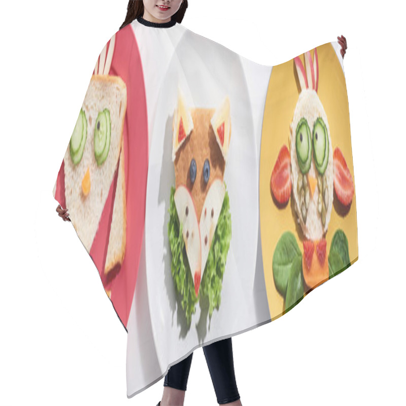 Personality  Top View Of Plates With Fancy Cow, Bird And Fox Made Of Food For Childrens Breakfast On White Background, Panoramic Shot Hair Cutting Cape