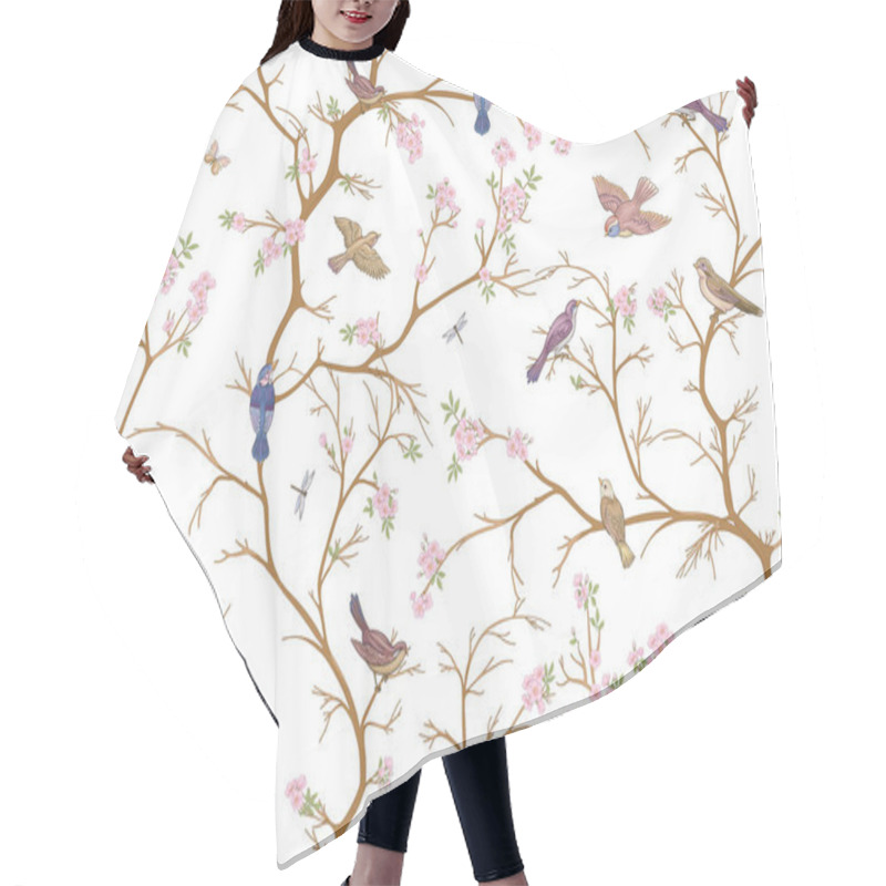 Personality  Cherry Blossom Branches Against The Sky With Sparrow Hair Cutting Cape