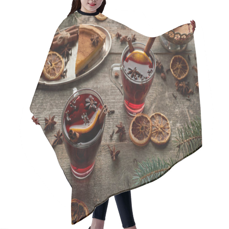 Personality  Red Spiced Mulled Wine Near Fir Branch, Pie, Berries And Spices On Wooden Rustic Table Hair Cutting Cape