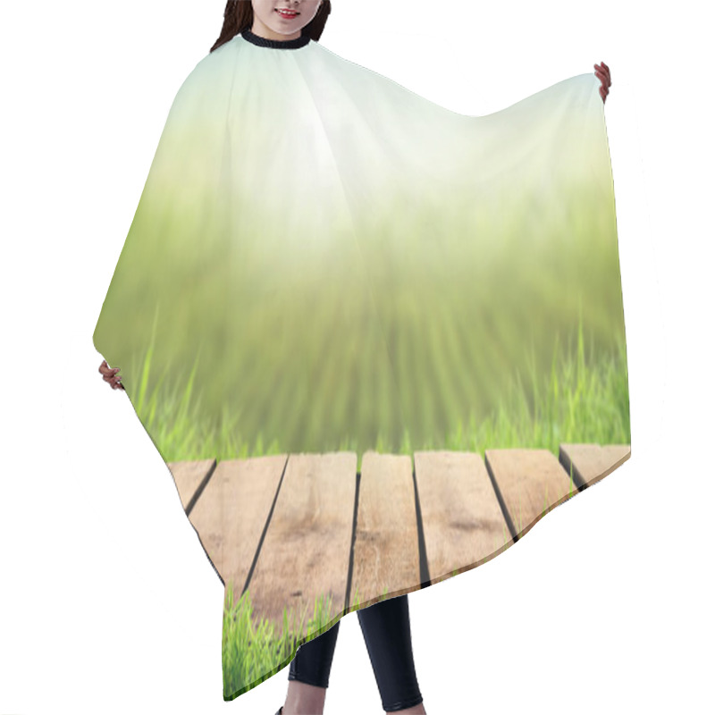 Personality  A Wooden Table With A Sunny Summers Farmland Background Hair Cutting Cape