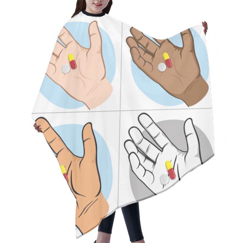 Personality  Illustration Represents An Open Human Hand With Medicines In The Palm Of The Sample, Ethnics. Ideal For Catalogs Of Institutional And Medical Material Hair Cutting Cape