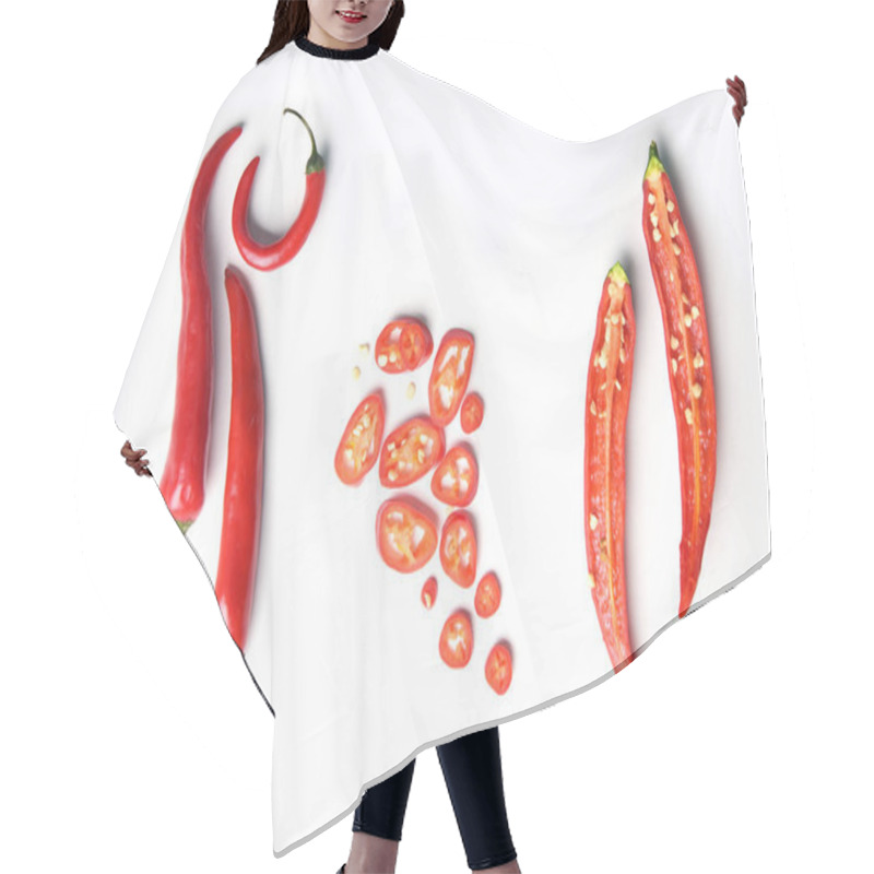 Personality  Top View Of Chopped, Sliced And Whole Red Chilli Peppers Isolated On White Background Hair Cutting Cape