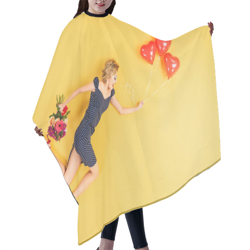 Personality  Excited Woman With Heart-shaped Air Balloons And Flowers Jumping On Yellow Background Hair Cutting Cape