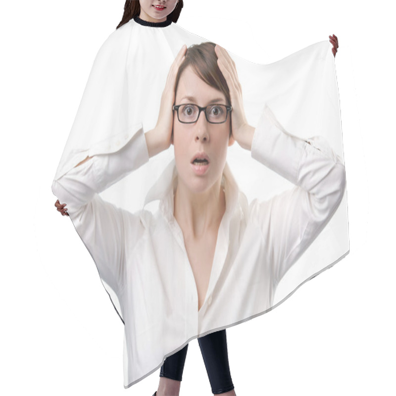 Personality  Young Business Woman Panic Hair Cutting Cape