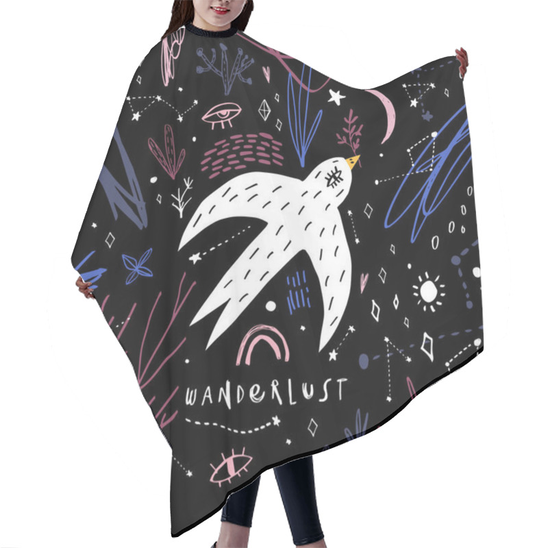 Personality  Handdrawn Artwork Of Swallow With Night Sky. Vector Graphic, T-shirt Design, Postcard, Wall Poster Hair Cutting Cape